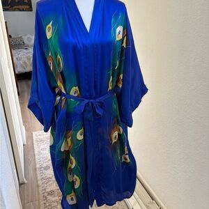 Blue Silk  Kimono Robe with Peacock Feather Design